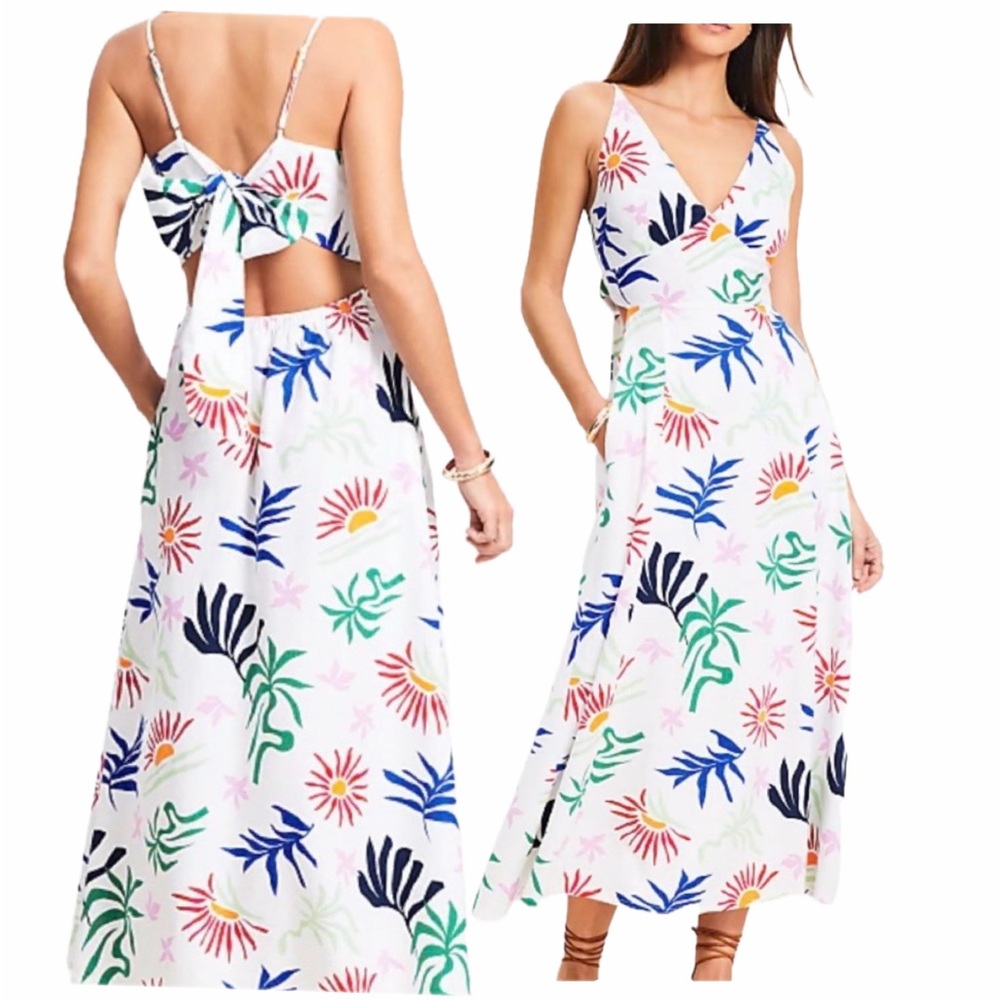 LOFT Cutout Midi floral white size 4 bow &open back  floral blue white coastal